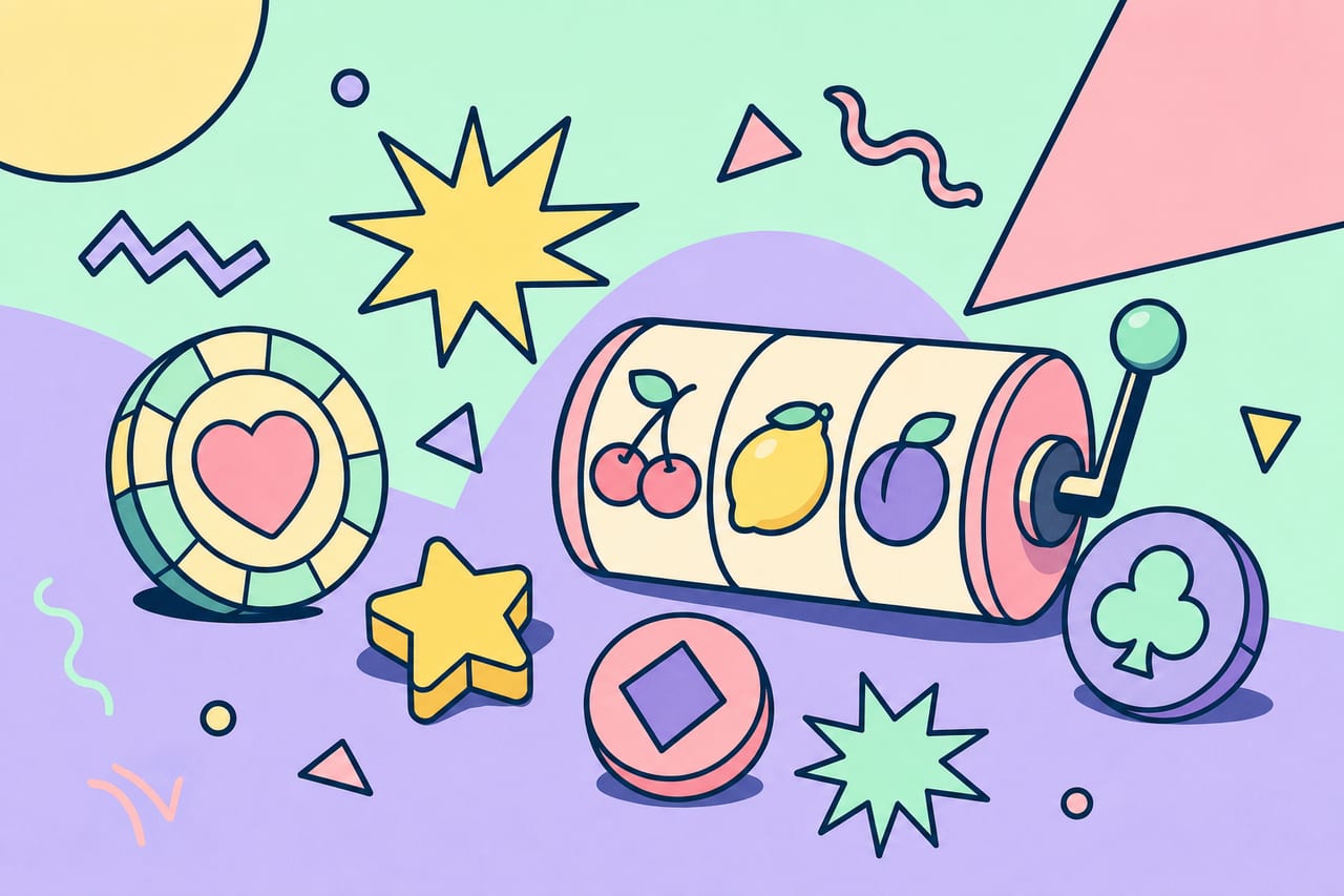 Illustrated arcade-style game tokens and slot reel representing free-to-play social casino platforms