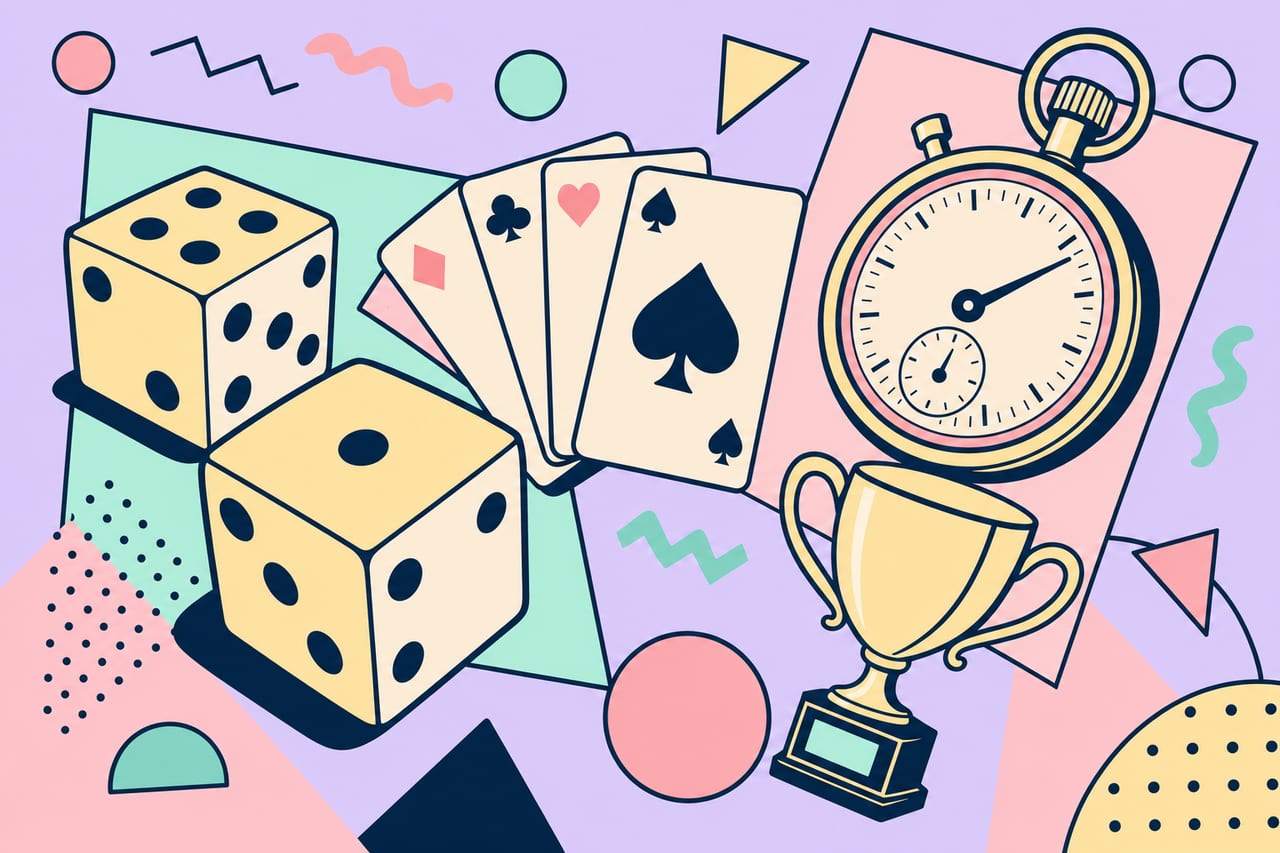 Illustrated collage of dice, playing cards, a stopwatch, and a trophy representing the history of gambling and sport